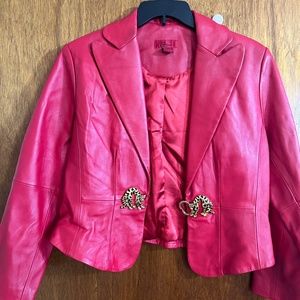 Vintage Carina Red Leather Jacket with Gold Cheetah Buckle